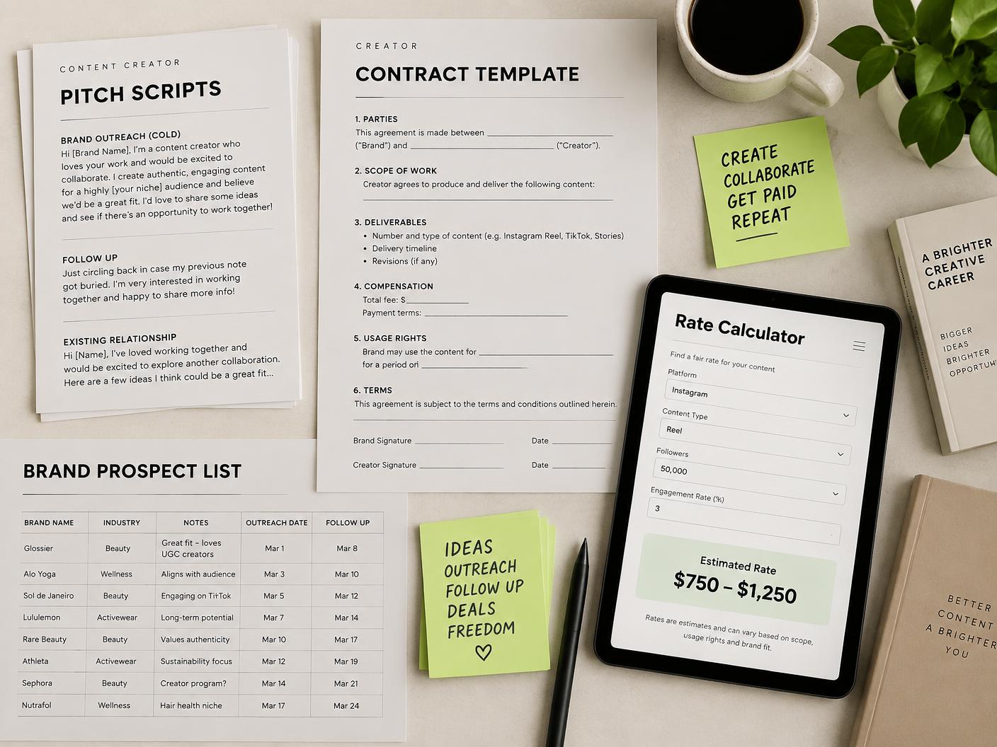 Flat lay of the kit: pitch scripts, a contract template, the brand prospect list and the rate calculator on a tablet